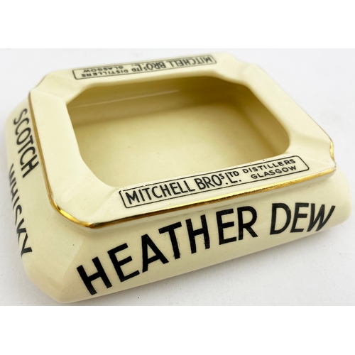 184 - HEATHER DEW (MITCHELL BROS/ GLASGOW) SCOTCH WHISKY ASHTRAY. 4.5 x 3.5ins. Light cream body with blac... 