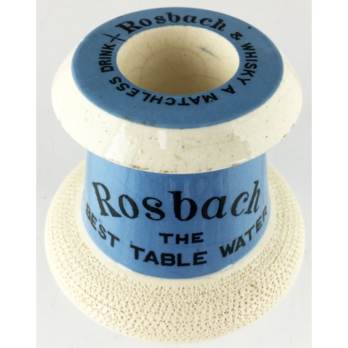 207 - ROSBACH MATCH STRIKER. 2.8ins tall x 3.8 diam. Pale blue glaze bobbin shape striker & holder with bl... 