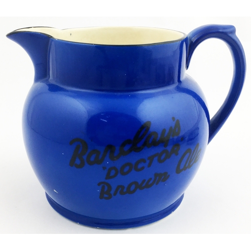 210 - BARCLAYS DOCTOR BROWN ALE WATER JUG. 4.5ins tall  painted blue to exterior. oval red & black beer la... 