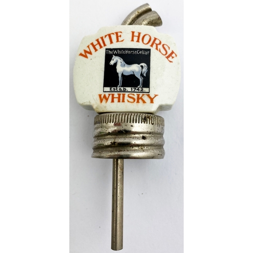 215 - WHITE HORSE CERAMIC TOPPED WHISKY OPTICS. Tallest 5.3ins. Trio of different designed optics featurin... 