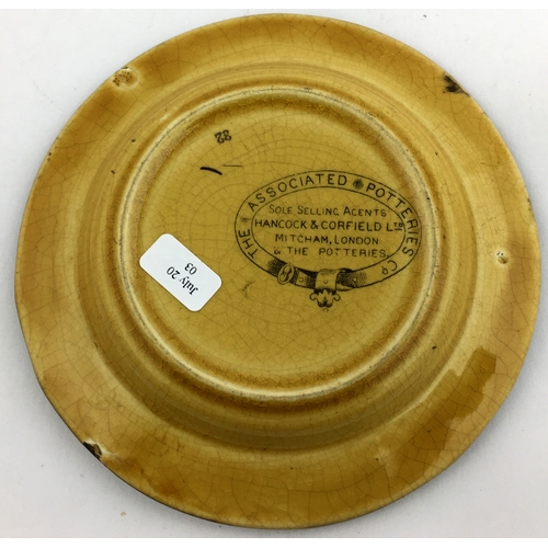 226 - FISHERS YE MONKS WHISKEY ASHTRAY. 5 ins diam. Yellow sandy body with black lettering around perimete... 