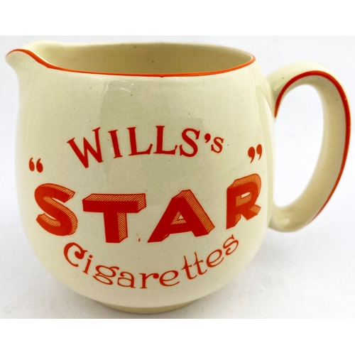 232 - WILLS STAR CIGARETTES BAR TOP JUG. Cream body, three lines orange/ red letters, line on rim & handle... 