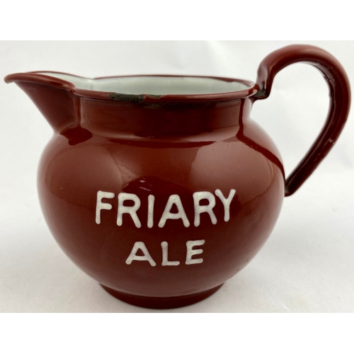 235 - GUILFORD FRIARY ALE ENAMELLED BAR TOP. JUG. Deep maroon body, white tubed letters to sides & under r... 