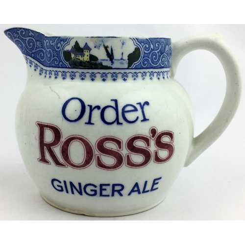 254 - ROSSâS TONIC & GINGER ALE WATER JUG. 4ins tall. Three lines of blue & red lettering each side - on... 