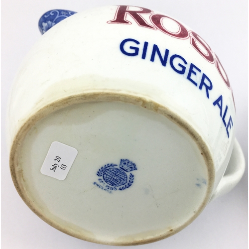 254 - ROSSâS TONIC & GINGER ALE WATER JUG. 4ins tall. Three lines of blue & red lettering each side - on... 