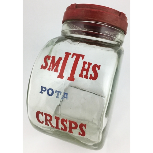 288 - SMITHS CRISPS SHOP COUNTER LIDDED JAR.  10 ins tall. Period original shop counter glass crisps dispe... 