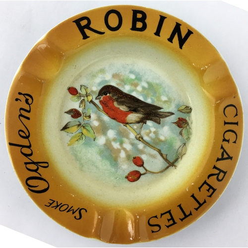 303 - SMOKE OGDENS ROBIN CIGARETTES ASHTRAY. 5.1ins diam. Multicoloured Robin on branch pict. to centre, l... 