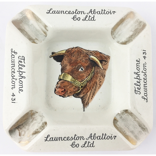 305 - AUNCESTON ABATTOIR CO LTD ASHTRAY. 5.5 by 5.4ins. Naturalistically coloured large bulls head to cent... 