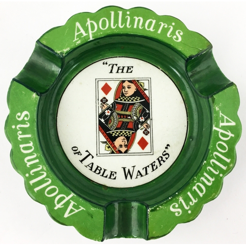 307 - APOLLINARIS THE QUEEN OF TABLE WATERS ASHTRAY. 4.6 ins diam. Green outer with coloured Queen of Diam... 