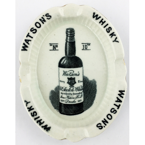 308 - WATSONS WHISKY OVAL ASHTRAY. 5ins tall. Back transfer featuring a highly detailed labelled full bott... 