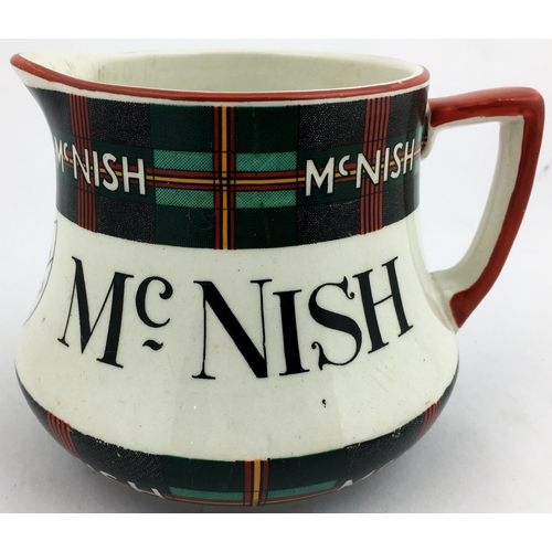 4 - McNISH SCOTCH WHISKY JUG. 4ins tall 4ins diam. Tartan pattern to neck & base. Red to rim and handle.... 