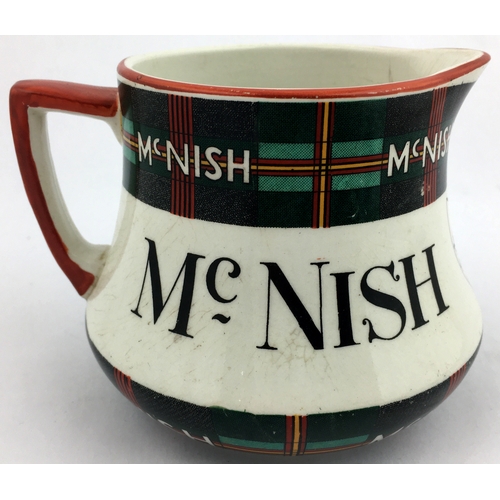 4 - McNISH SCOTCH WHISKY JUG. 4ins tall 4ins diam. Tartan pattern to neck & base. Red to rim and handle.... 