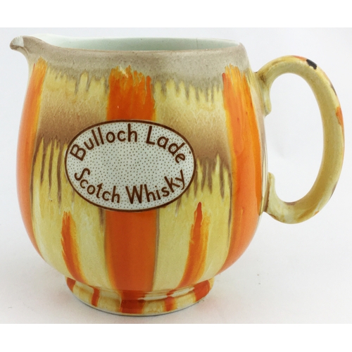 46 - BULLOCH LADE SCOTCH WHISKY JUG. 4.3ins tall. Very stylish/ period Art Deco type variating striped gl... 