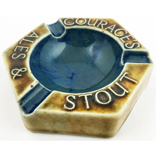 6 - COURAGES ALES & STOUTASH.  4ins diam pentagonal blue and caramel glazed ashtray. Royal Doulton p.m.