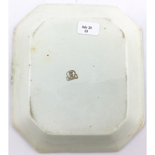 74 - LAYERS WEIGHTS DISH/ASHTRAY. 5ins by 4.5ins rectangular dish, 8 facetted edges. Blue lettering to ou... 