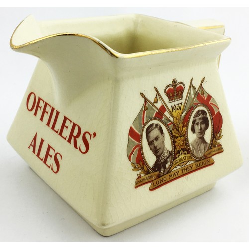 191 - OFFILERS ALES PUB WHISKY WATER JUG. 4ins tall, off white glaze multicoloured transfer 1937 coronatio... 