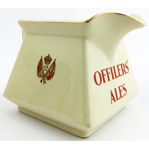 191 - OFFILERS ALES PUB WHISKY WATER JUG. 4ins tall, off white glaze multicoloured transfer 1937 coronatio... 