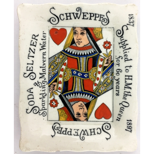 60 - CHWEPPES SODA SELTZER  SPARKLING MALVERN WATER ASHTRAY. 4.7 x 3.8 ins. Coloured Queen of Hearts Cent... 