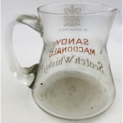 198 - SANDY MACDONALD SCOTCH WHISKY GLASS JUG. 5ins tall. Acid etched coat of arms & bottom words, middle ... 