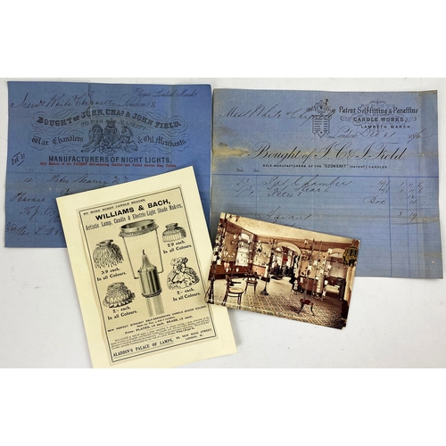 102 - NIGHT LIGHT EPHEMERA.  Inc. Two hand written reciepts, candle shade holders advert plus show room po... 