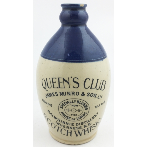 111 - INVERNESS WHISKY JUG. (WG B444) 7.5ins tall. Blue top, black print, QUEEN'S CLUB/ SCOTCH WHISKY/ JAM... 