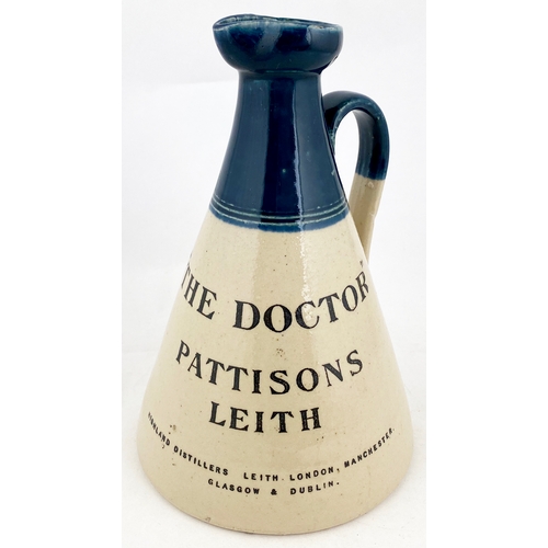 115 - LEITH WHISKY JUG. (WG B491) 7.75ins tall, deep turquoise blue top, red cross, rear handle. Black tra... 