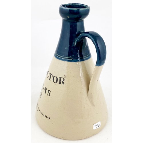 115 - LEITH WHISKY JUG. (WG B491) 7.75ins tall, deep turquoise blue top, red cross, rear handle. Black tra... 