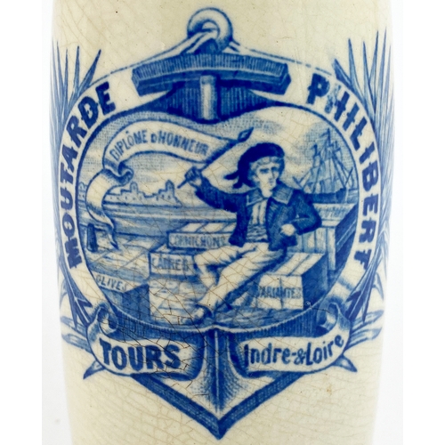 132 - MUSTARD JAR. 4.75ins. Blue transfer for MOUTARDE PHILIBERT/ TOURS/INDRE- & LOIRE. Sailor type boy pi... 