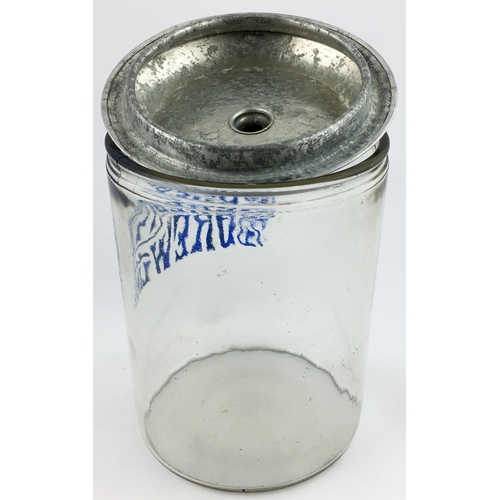 145 - MEREDITH AND DREW LIMD BISCUIT JAR. 9.5ins tall to top of decorative metal lid, nob atop. To front, ... 