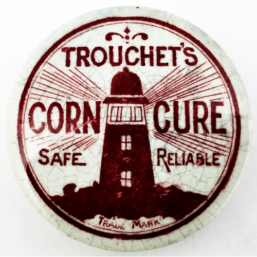 172 - TROUCHET'S CORN CURE POT LID. 2ins diam. An unusually strong red transfer/ bright colour. Large ligh... 