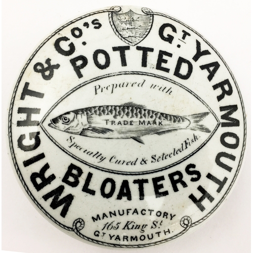 173 - WRIGHT & COâS GT YARMOUTH POTTED BLOATERS POT LID. (APL p458, 21a) 3.75ins diam. Finely engraved, ... 