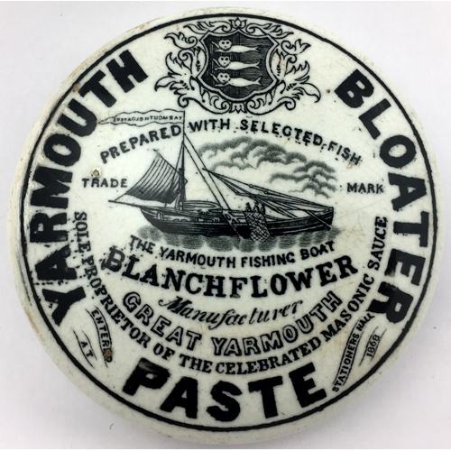 174 - YARMOUTH BLOATER PASTE POT LID. (APL p457, 4b) 4ins diam. Black transfer YARMOUTH/ BLOATER/ PASTE/ B... 