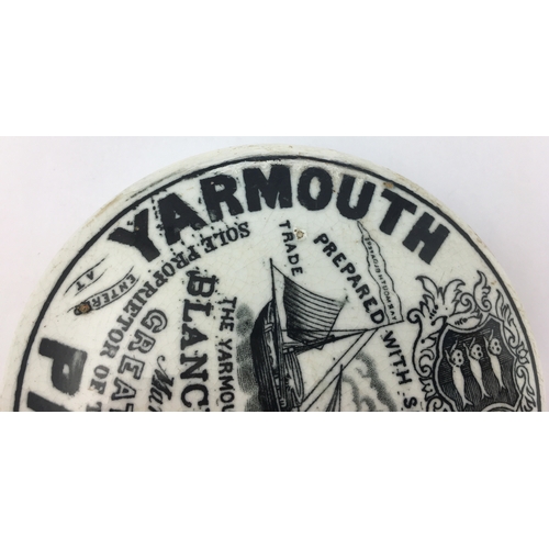 174 - YARMOUTH BLOATER PASTE POT LID. (APL p457, 4b) 4ins diam. Black transfer YARMOUTH/ BLOATER/ PASTE/ B... 