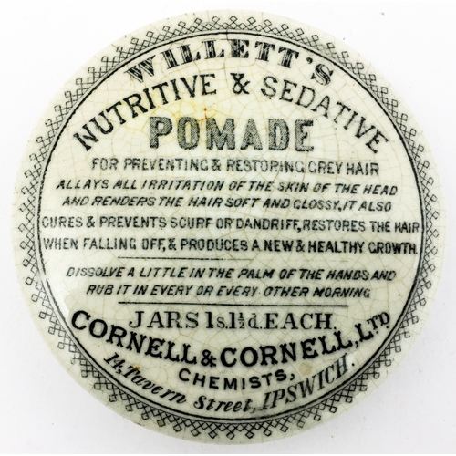 175 - IPSWICH POMADE POT LID. (APL p583, 5) 3.25ins diam. Black transfer on white background for WILLETT'S... 