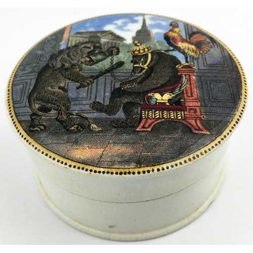 20 - BEAR, LION & COCK PRATT LID & BASE. (KM19) 3ins diam. Multicoloured transfer. Slight nick to base. V... 