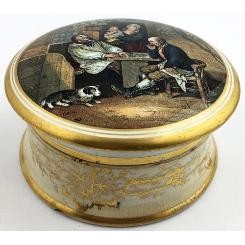 24 - A FIX EXHIBITION PRATT LID & BASE. (KM302) 5ins diam. Multicoloured, gold band & ornate floral patte... 