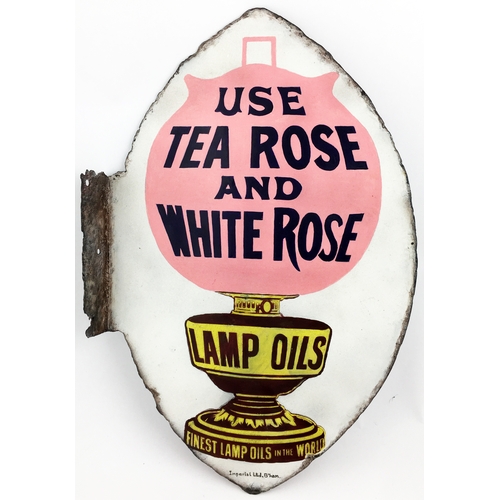 28 - TEA ROSE & WHITE ROSE LAMP OILS DOUBLE SDIDED ENAMEL SIGN. 17.25 x 11.25ins. Oval shaped enamel sign... 