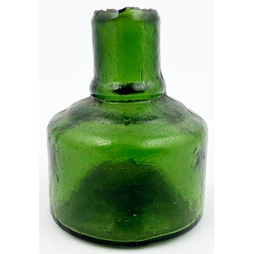 280 - CIRCULAR INK BOTTLE. 2.5ins tall. Dark green glass (delightful crude body texture), sheared lip, X e... 