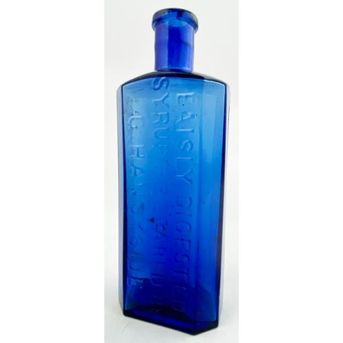 30 - G. HANDYSIDE SYRUP BOTTLE. 6.5ins tall. Bright blue glass, rectangular body, chamfered corners. Fron... 