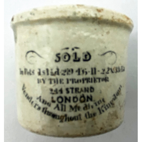 31 - HOLLOWAYS FAMILY OINTMENT POT. 1.5ins tall. Off white body, black/ grey transfer to both sides with ... 