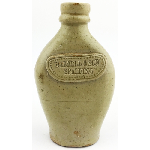 324 - SPALDING FLASK. 6ins tall. Green/ grey slip glaze lozenge shaped flas. Rounded pie crust impressed s... 