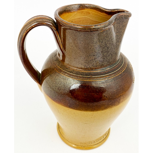 325 - LONDON MORTLOCK STONEWARE JUG. 6.5ins tall, t.t., top dark brown salt glaze, lower mid tan. rear han... 