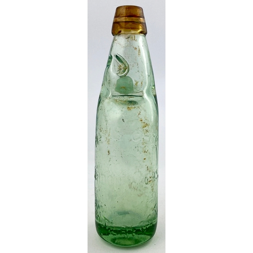 327 - WATERFOOT BROWN LIP CODD BOTTLE. 9.25ins tall. Aqua glass with light brown (swirly) lip, 2 neck reta... 