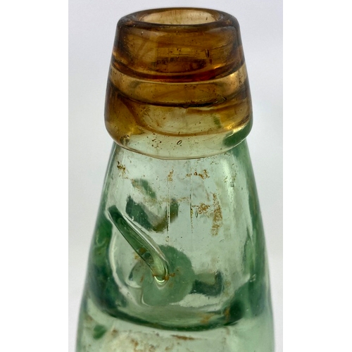 327 - WATERFOOT BROWN LIP CODD BOTTLE. 9.25ins tall. Aqua glass with light brown (swirly) lip, 2 neck reta... 