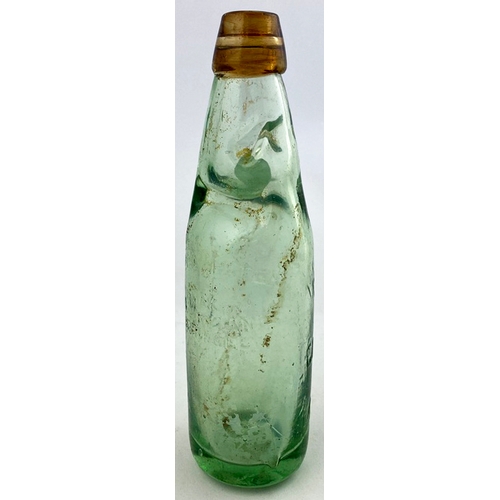 327 - WATERFOOT BROWN LIP CODD BOTTLE. 9.25ins tall. Aqua glass with light brown (swirly) lip, 2 neck reta... 