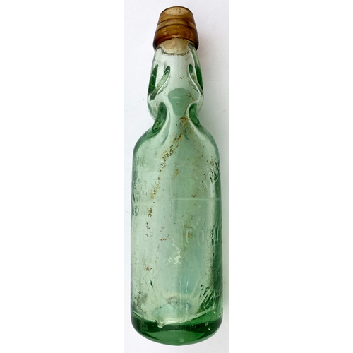 327 - WATERFOOT BROWN LIP CODD BOTTLE. 9.25ins tall. Aqua glass with light brown (swirly) lip, 2 neck reta... 