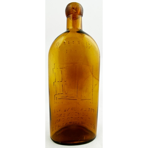 36 - WARNERS FOUR CITIES SAFE CURE BOTTLE. 9.5ins tall. Pint, amber glass, sloping shoulders, long neck, ... 