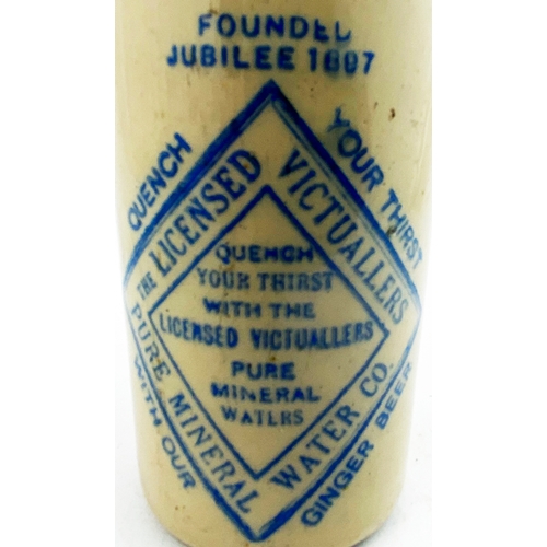 61 - LICENSED VICTUALLERS GINGER BEER BOTTLE. 8.25ins tall. Ch, t.t., blue top with blue diamond shaped t... 