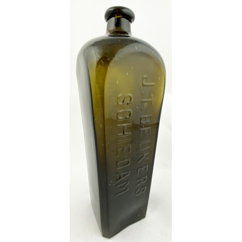 64 - CASE GIN BOTTLE. 11ins tall. Amber glass, heavy rolled lip. Embossing to two sides J. T. BEUKERS/ SC... 