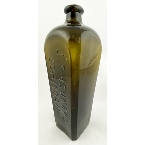 64 - CASE GIN BOTTLE. 11ins tall. Amber glass, heavy rolled lip. Embossing to two sides J. T. BEUKERS/ SC... 